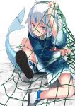  1girl animal_hood blue_eyes blue_hair blue_nails fish_bone fish_tail fishing_net gawr_gura highres hololive hololive_english hood hood_down multicolored_hair re_lucy shark_girl shark_hood shark_tail shoe_soles shoes tail virtual_youtuber wet wet_clothes white_hair 