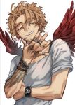  1boy arm_tattoo blonde_hair boku_no_hero_academia bracelet commentary ear_piercing earrings facial_hair feathered_wings feathers grey_background grin half-closed_eyes hand_on_own_chin hawks_(boku_no_hero_academia) highres jewelry kadeart looking_at_viewer male_focus piercing red_wings ring shirt short_hair short_sleeves simple_background smile solo spiky_hair tattoo upper_body upper_teeth watch watch white_shirt wings 