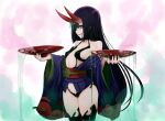  1girl alternate_hair_length alternate_hairstyle b.d breasts cowboy_shot cup eyeliner fate/grand_order fate_(series) graphite_(medium) headpiece horns japanese_clothes kimono long_hair makeup oni oni_horns open_clothes open_kimono purple_hair purple_kimono revealing_clothes sakazuki short_eyebrows shuten_douji_(fate/grand_order) skin-covered_horns small_breasts solo traditional_media very_long_hair violet_eyes 