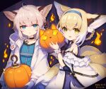  :d animal_ears arknights bangs bare_shoulders blonde_hair blue_eyes blue_hairband braid eyebrows_visible_through_hair eyelashes gloves green_eyes hairband highres looking_at_viewer multicolored_hair open_mouth parted_lips satsuma_imohen short_hair silver_hair smile sussurro_(arknights) suzuran_(arknights) tail two-tone_hair white_gloves white_hair 