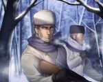  2boys beard black_gloves blue_eyes breath brown_hair coat expressionless facial_hair fighting_stance foxvulpine gloves golden_kamuy gun male_focus multiple_boys purple_scarf rifle scarf serious simple_background sniper_rifle snow tree_branch upper_body vasily_(golden_kamuy) weapon white_coat winter_clothes 