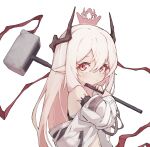  1girl arknights bare_shoulders closed_mouth eyebrows_visible_through_hair hair_between_eyes hammer highres holding holding_hammer holding_weapon long_hair long_sleeves looking_at_viewer mmhomm mudrock_(arknights) navel pointy_ears red_eyes simple_background solo weapon white_background white_hair younger 