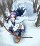  1girl ainu ainu_clothes asirpa bandana black_hair blue_eyes bow_(weapon) brown_footwear cape earrings fighting_stance foxvulpine fur_cape golden_kamuy hoop_earrings jewelry long_hair simple_background snow solo tree_branch weapon 