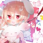  1girl ascot blonde_hair blush crystal_wings flandre_scarlet frills hat hat_ribbon heart heart-shaped_pupils highres medium_hair nacht_musik open_mouth puffy_short_sleeves puffy_sleeves rabbit red_eyes ribbon short_sleeves solo symbol-shaped_pupils touhou upper_body yellow_ascot 