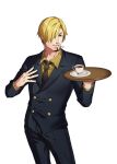  1boy blonde_hair cigarette collared_shirt cropped_legs formal foxvulpine hair_over_one_eye hand_on_own_chest looking_at_viewer male_focus necktie one_piece sanji shirt short_hair simple_background smile solo suit white_background yellow_shirt 