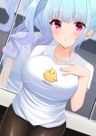  1girl absurdres alternate_costume alternate_hairstyle azur_lane bangs bike_shorts blush breasts commentary_request dido_(azur_lane) eyebrows_visible_through_hair highres large_breasts long_hair looking_at_viewer manjuu_(azur_lane) onabe_no_shime reflection shirt silver_hair solo t-shirt taut_clothes taut_shirt violet_eyes 