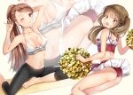  2girls :o absurdres arm_up armpits ass bare_arms bare_shoulders breasts brown_eyes brown_hair cheerleader collarbone crop_top from_behind halter_top halterneck hand_up highres holding holding_pom_poms long_hair looking_at_viewer medium_breasts midriff miniskirt multiple_girls navel one_eye_closed open_mouth original panties pants pom_poms ponytail red_panties red_shirt red_skirt shirt simple_background skirt skirt_lift sleeveless sleeveless_shirt spaghetti_strap stomach twintails underwear violet_eyes white_background white_shirt yoga_pants yoshida_iyo zoom_layer 