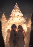  2girls adachi_sakura adachi_to_shimamura black_hair blonde_hair blurry blurry_background blush china_dress chinese_clothes christmas christmas_tree chromatic_aberration commentary covered_navel dress english_commentary highres jacket locked_arms long_hair multiple_girls night outdoors sepia shimamura_hougetsu short_hair snowing sweater turtleneck turtleneck_sweater winter_clothes yuri yurichtofen 