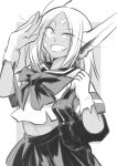  1girl animal_ears bag bangs boku_no_hero_academia bow bowtie cowboy_shot dark_skin dark-skinned_female eyelashes gloves greyscale grin handbag highres long_hair looking_at_viewer mirko monochrome nstime23 rabbit_ears sailor_collar salute school_uniform serafuku short_sleeves sidelocks skirt smile solo standing younger 