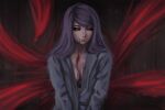  1girl black_sclera blood bra breasts closed_mouth kamishiro_rize long_hair looking_at_viewer miura-n315 purple_hair red_eyes shirt smile solo tokyo_ghoul underwear 