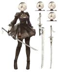  1girl absurdres black_dress blindfold blue_eyes boots character_sheet dress expressions hair_over_one_eye hairband highres holding holding_sword holding_weapon katana mole mole_under_mouth nier_(series) nier_automata parody parted_lips short_hair smile solo style_parody subakeye sword thigh-highs thigh_boots weapon white_background white_hair yorha_no._2_type_b 