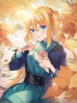  1girl aizawa_hikaru autumn_leaves bangs bare_shoulders belt bench black_belt blonde_hair blue_eyes blue_jacket blurry blurry_background campaign_girl commentary_request crepe depth_of_field dress eyebrows_visible_through_hair food food_on_finger fruit green_dress hair_between_eyes hands_up holding holding_food jacket licking_lips long_hair microsoft off_shoulder on_bench open_clothes open_jacket park_bench shinia silverlight sitting sleeveless sleeveless_dress solo strawberry tongue tongue_out twintails very_long_hair 