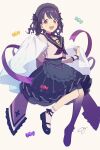  agata_(agatha) black_hair black_ribbon candy choker cross dress fangs food fukumaru_koito hair_ornament hair_ribbon highres idolmaster idolmaster_shiny_colors looking_at_viewer medium_hair open_mouth ribbon simple_background skin_fangs smile socks solo violet_eyes white_background white_legwear 