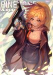  1girl absurdres aran_sweater arknights bangs bielin black_coat brown_eyes character_name coat commentary cowboy_shot eyebrows_visible_through_hair highres holding holding_weapon long_hair open_clothes open_coat orange_hair pinecone_(arknights) solo standing sweater weapon white_sweater 