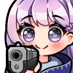  1girl achirimotedo bangs braid cloak commission commissioner_upload dress eyebrows_visible_through_hair fire_emblem fire_emblem:_the_binding_blade fire_emblem_cipher french_braid gun hands holding holding_gun holding_weapon long_hair lowres purple_hair smile sophia_(fire_emblem) violet_eyes weapon 