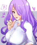  1340smile 1girl alternate_costume artist_name breasts camilla_(fire_emblem) close-up collared_shirt contemporary fire_emblem fire_emblem_fates hair_over_one_eye heart highres large_breasts looking_at_viewer one_eye_covered parted_lips pointing pointing_up purple_hair shirt sleeves_rolled_up solo speech_bubble violet_eyes white_shirt 