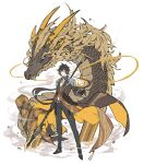  1boy bangs black_gloves black_hair closed_mouth dragon dragon_horns eastern_dragon formal fur genshin_impact gloves hair_between_eyes highres holding holding_weapon horns jacket jennygin2 jewelry long_hair long_sleeves looking_at_viewer male_focus polearm ponytail scales simple_background single_earring solo spear stone suit weapon whiskers white_background yellow_eyes zhongli_(genshin_impact) 