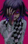  1boy anger_vein bangs blood blood_on_face checkered checkered_neckwear checkered_scarf clenched_teeth dangan_ronpa gradient_hair hair_between_eyes hand_in_hair hand_on_own_face highres joh_pierrot long_sleeves male_focus multicolored_hair new_dangan_ronpa_v3 ouma_kokichi pink_background purple_hair scarf signature simple_background solo straitjacket teeth upper_body violet_eyes 
