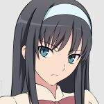  1girl black_hair blue_eyes closed_mouth english_commentary hairband long_hair looking_at_viewer miura-n315 ribbon simple_background solo tohno_akiha tsukihime white_hairband 