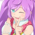  1girl :d blush bow clip_studio_paint_(medium) detached_sleeves green_eyes hand_up idol_time_pripara long_hair looking_at_viewer manaka_lala one_eye_closed open_mouth pretty_(series) pripara puffy_detached_sleeves puffy_short_sleeves puffy_sleeves purple_hair red_bow see-through_sleeves short_sleeves simple_background smile solo staff_(music) texus twitter_username upper_body white_background 
