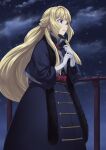  1girl blonde_hair blue_dress blue_sky clouds cloudy_sky dress from_side fur_trim gloves guchico gundam gundam_tekketsu_no_orphans hands_up kudelia_aina_bernstein long_hair long_sleeves parted_lips railing red_sash sash sky solo standing violet_eyes white_gloves 