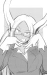  1girl animal_ears bangs bespectacled boku_no_hero_academia breasts business_suit closed_mouth collared_shirt commentary_request dark_skin dark-skinned_female formal glasses gloves greyscale half-closed_eyes highres large_breasts long_hair looking_at_viewer mirko monochrome nstime23 office_lady parted_bangs rabbit_ears shirt solo suit tongue tongue_out upper_body 