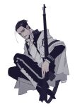  1boy arisaka azuni black_hair bolt_action cloak facial_hair gaiters goatee golden_kamuy gun hair_slicked_back hair_strand highres imperial_japanese_army male_focus military military_uniform ogata_hyakunosuke open_clothes rifle scar scar_on_cheek scar_on_face short_hair solo undercut uniform weapon 