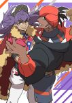  ._(mdm_pk) 2boys baseball_cap black_hair black_hoodie cape champion_uniform closed_mouth dark_skin dark_skinned_male earrings facial_hair fur-trimmed_cape fur_trim gen_4_pokemon gym_leader hat highres hood hoodie jewelry leon_(pokemon) long_hair looking_back male_focus multiple_boys pokemon pokemon_(game) pokemon_swsh purple_hair raihan_(pokemon) red_cape rotom rotom_phone shirt short_shorts short_sleeves shorts side_slit side_slit_shorts smile symbol_commentary white_legwear white_shorts yellow_eyes 