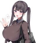  1girl :d bag bangs black_hair breasts brown_sweater collared_shirt commentary_request grey_shirt hair_tie hanasaka_houcha handbag heart highres huge_breasts long_hair looking_at_viewer open_mouth original pink_eyes shirt smile sweater twintails waving white_background 