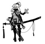  1girl bangs boots breasts bridal_gauntlets commentary_request dark_skin dark-skinned_female elbow_gloves extra_arms gloves greyscale hair_bun high_heels holding holding_sword holding_weapon huge_weapon katana long_hair long_sleeves monochrome monster_girl navel original pelvic_curtain red_sclera shawn_ger_lin sheath sheathed sketch solo spot_color standing sword thigh-highs thigh_boots under_boob weapon white_background yellow_eyes 