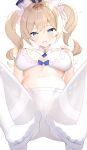  1girl absurdres barbara_(genshin_impact) blonde_hair blue_eyes bra breasts frilled_bra frills genshin_impact hat highres large_breasts looking_at_viewer navel open_mouth pantyhose short_hair simple_background solo sushimo twintails underwear wavy_mouth white_background white_bra white_legwear 