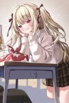  1girl arm_support blonde_hair blush chin_rest desk highres long_hair obentou original red_eyes ribbon school school_uniform smile solo_focus sweater tasuku_(otomebotan) twintails two_side_up 