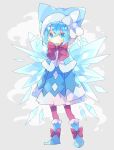  1girl animal_hood bangs blue_dress blue_eyes blue_footwear blue_hair boots bow bowtie capelet cat_hood cirno commentary_request detached_wings dress fog full_body fur-trimmed_capelet fur_trim grey_background highres hood hood_up ice ice_wings nikorashi-ka pantyhose pink_bow pink_legwear pink_neckwear shoe_bow shoes simple_background sleeves_past_fingers sleeves_past_wrists solo touhou white_bow wings winter_clothes 