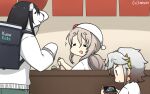  3girls =_= akishimo_(kantai_collection) alternate_costume animalization backpack bag bandana bear brand_name_imitation brown_hair cellphone chikuma_(kantai_collection) commentary_request counter dated fate/grand_order fate_(series) gradient_hair grey_hair hamu_koutarou highres kantai_collection low_ponytail multicolored_hair multiple_girls phone pola_(kantai_collection) polar_bear short_hair short_hair_with_long_locks silver_hair smartphone sweater thick_eyebrows uber_eats wavy_hair white_sweater 