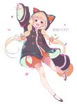  1girl :d absurdres animal_ears animal_hood aozora_saishiki arm_up bangs black_footwear black_jacket blonde_hair blush braid brown_eyes brown_shorts cat_hood commentary_request eyebrows_visible_through_hair fake_animal_ears full_body futaba_anzu highres hood hood_up hooded_jacket idolmaster idolmaster_cinderella_girls jacket long_hair long_sleeves looking_at_viewer low_twintails open_mouth puffy_shorts ribbon-trimmed_shorts ribbon_trim shoes short_shorts shorts simple_background sleeves_past_wrists smile solo translation_request twin_braids twintails v-shaped_eyebrows very_long_hair white_background wide_sleeves 