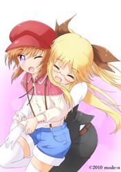  2girls alternate_costume alternate_hairstyle black_ribbon blonde_hair blush closed_eyes couple fate_testarossa glasses hair_ribbon happy hug hug_from_behind lyrical_nanoha mahou_shoujo_lyrical_nanoha mahou_shoujo_lyrical_nanoha_a&#039;s mode_(mode-n) multiple_girls open_mouth orange_hair ribbon smile takamachi_nanoha twintails violet_eyes yuri 