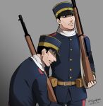  2boys arisaka black_eyes black_hair blue_jacket blue_pants bolt_action brothers foxvulpine golden_kamuy gun hat holding holding_weapon jacket kepi long_hair male_focus military military_hat military_uniform multiple_boys nikaidou_kouhei nikaidou_youhei pants rifle siblings simple_background twins uniform weapon 