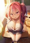  1girl azur_lane bra breasts bremerton_(azur_lane) cardigan classroom curtains desk hair_between_eyes hair_ornament head_tilt jewelry large_breasts long_hair looking_at_viewer maku_ro miniskirt mole mole_on_breast mole_under_eye multicolored_hair necklace perspective pink_eyes pink_hair school_desk sitting skirt solo streaked_hair twintails underwear window 