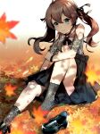  1girl ahoge arm_support autumn autumn_leaves black_skirt blurry blurry_foreground brown_hair day depth_of_field green_eyes hair_ribbon highres hololive knee_up lace lace_legwear leaf leg_hug long_hair looking_at_viewer lux_(dera_ix) natsuiro_matsuri outdoors paisley ribbon shoe_removed shoulders sitting skirt smile solo thighs watch watch 