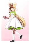  1girl :3 absurdres ahoge animal_ear_fluff animal_ears apron artist_name bangs black_footwear blonde_hair blunt_bangs border breasts brown_hair collared_dress commentary commission cupcake deer_ears deer_tail doll doll_joints dress english_commentary eyebrows_visible_through_hair food freckles full_body furry gradient gradient_background green_dress green_eyes hands_up happy heart highres holding horns joints kneehighs knees_together_feet_apart leg_up long_hair methynecros multicolored_hair open_mouth original outside_border pink_background puffy_short_sleeves puffy_sleeves shiny shiny_hair shoes short_sleeves sidelocks simple_background small_breasts smile solo standing standing_on_one_leg tail teeth tray two-tone_hair very_long_hair watermark white_border white_legwear 