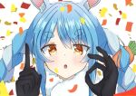  1girl animal_ear_fluff animal_ears blue_hair blush braid bunny-shaped_pupils carrot carrot_hair_ornament confetti don-chan_(usada_pekora) eyebrows eyebrows_visible_through_hair eyelashes fan_taji food_themed_hair_ornament fur-trimmed_gloves fur_scarf fur_trim gloves hair_ornament hololive hololive_fantasy long_hair ok_sign playboy_bunny pointing pointing_up rabbit_ears rabbit_girl solo thick_eyebrows twin_braids usada_pekora virtual_youtuber white_background white_hair yellow_eyes 