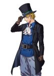  1boy blonde_hair brown_gloves buttons closed_mouth coat collar cravat cropped_legs foxvulpine freckles gloves goggles goggles_on_headwear hat head_tilt long_sleeves looking_at_viewer male_focus one_piece open_clothes open_coat sabo_(one_piece) simple_background solo top_hat white_background 
