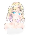  1girl bangs blonde_hair blue_eyes collarbone dress english_commentary eyebrows_visible_through_hair head_tilt highres hololive hololive_english light_blush looking_at_viewer shironekokfp solo strapless strapless_dress upper_body watson_amelia white_background white_dress 