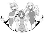  3girls animal_ears arm_behind_head arm_up bangs bikini_shorts bob_cut cat_ears cat_tail chen clenched_hands closed_mouth commentary covered_navel crossed_arms eyebrows_visible_through_hair eyes_visible_through_hair fox_ears fox_tail full_body gap_(touhou) greyscale half-closed_eyes halterneck hand_in_hair hand_on_hip hat highres light_blush light_frown long_hair looking_at_viewer low-tied_long_hair mini_hat mob_cap monochrome multiple_girls multiple_tails navel no_hat no_headwear one-piece_swimsuit outside_border shirt short_hair short_sleeves shorts sleeveless sleeveless_shirt smile standing sunatoshi swimsuit tail touhou two_tails yakumo_ran yakumo_yukari zipper 