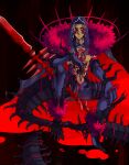  1boy angry blood blood_splatter blue_hair bodypaint cape closed_mouth cu_chulainn_(fate)_(all) cu_chulainn_alter_(fate/grand_order) dark_blue_hair dark_persona dark_skin earrings elbow_gloves facepaint fate/grand_order fate/stay_night fate_(series) frown full_body gae_bolg gloves highres hood hood_up hooded_cape jewelry long_hair looking_to_the_side male_focus monster_boy muscle pants ponytail red_eyes shirtless sitting solo spikes spread_legs tail type-moon 