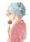  1girl absurdres animal_print aqua_hair bunny_hair_ornament bunny_print candy_apple carrion1129 food hair_ornament hair_up hairclip highres japanese_clothes kimono nape original profile solo upper_body white_background yukata 