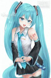  1girl absurdres aqua_eyes aqua_hair aqua_necktie artist_name commentary detached_sleeves hatsune_miku highres necktie number_tattoo open_mouth own_hands_together skellychan tattoo thigh-highs twintails untranslatable_commentary vocaloid white_background 