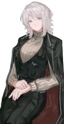  1girl belt black_belt black_coat black_pants black_vest blue_eyes brown_sweater coat commentary commentary_request cowboy_shot faust_(project_moon) harume_neko highres limbus_company medium_hair open_clothes open_coat own_hands_together pale_skin pants project_moon simple_background solo sweater turtleneck turtleneck_sweater vest white_background 