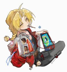  1boy ahoge alphonse_elric alternate_costume belt black_pants black_shirt blonde_hair braid braided_ponytail brown_belt character_charm charm_(object) curtained_hair eating edward_elric food food_in_mouth full_body fullmetal_alchemist handheld_game_console highres holding holding_handheld_game_console hood hooded_jacket incoming_food jacket long_hair looking_at_viewer male_focus mechanical_arms nintendo_switch open_clothes open_jacket pants pocky pocky_in_mouth prosthesis prosthetic_arm red_jacket shirt simple_background single_mechanical_arm sitting solo sweat tomodachi_life tomodachi_life:_living_the_dream twitter_username white_background xue_ezi yellow_eyes 