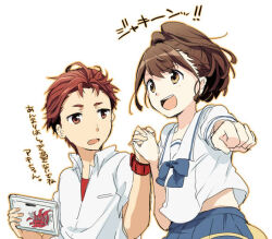  1boy 1girl :d blue_bow blue_skirt bow brown_eyes brown_hair chest_bow chuo_tanegashima_high_school_uniform clenched_hand collared_shirt couple cropped_shirt dress_shirt happy holding holding_hands holding_tablet_pc interlocked_fingers long_hair midriff_peek open_mouth pleated_skirt red_eyes red_hair red_shirt robotics;notes school_uniform science_adventure senomiya_akiho shirt shirt_under_shirt short_sleeves simple_background skirt smile summer_uniform surprised tablet_pc takana_(nanao) teeth tongue upper_teeth_only watch watch white_background white_shirt yashio_kaito 